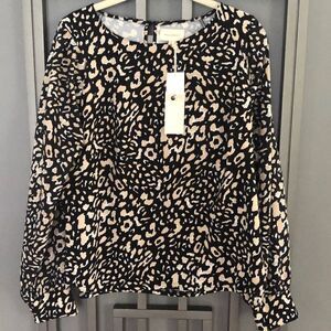 NWT MELLODAY Animal print, long sleeve blouse, black beige size M